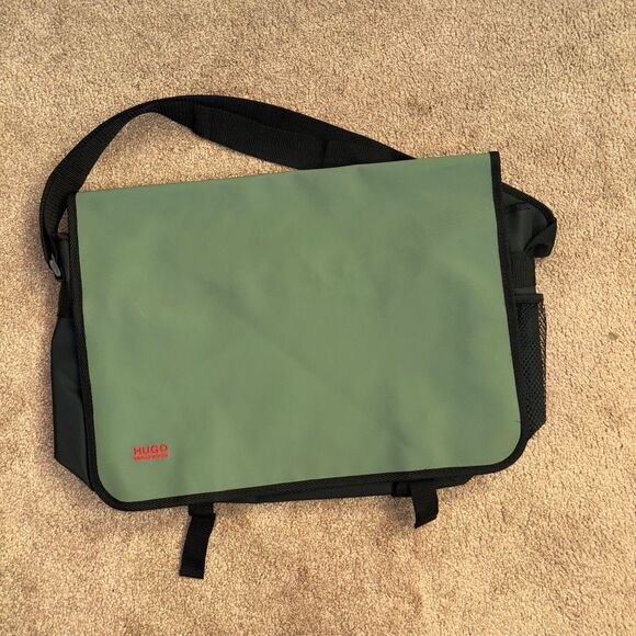 Hugo Boss Olive Green Polyvinyl Messenger Laptop Shoulder Bag NWOT